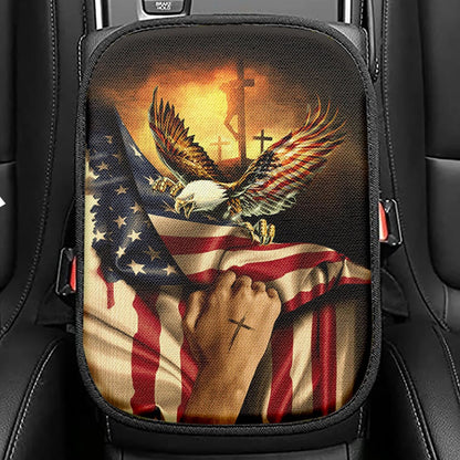 Bald Eagle American Flag Jesus Christ On Cross Take My Hand Seat Box Cover, Christian Car Center Console Cover