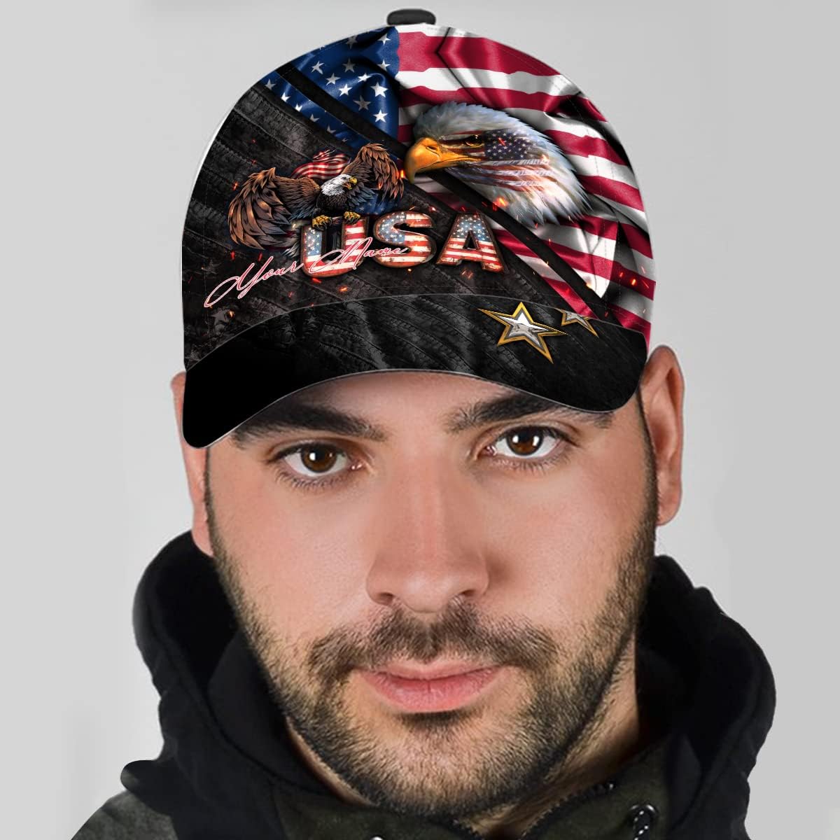 Bald Eagle And Us Flag For Veteran Military Custom Name All Over Print Baseball Cap - Christian Hats For Men Women