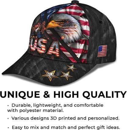 Bald Eagle And Us Flag For Veteran Military Custom Name All Over Print Baseball Cap - Christian Hats For Men Women