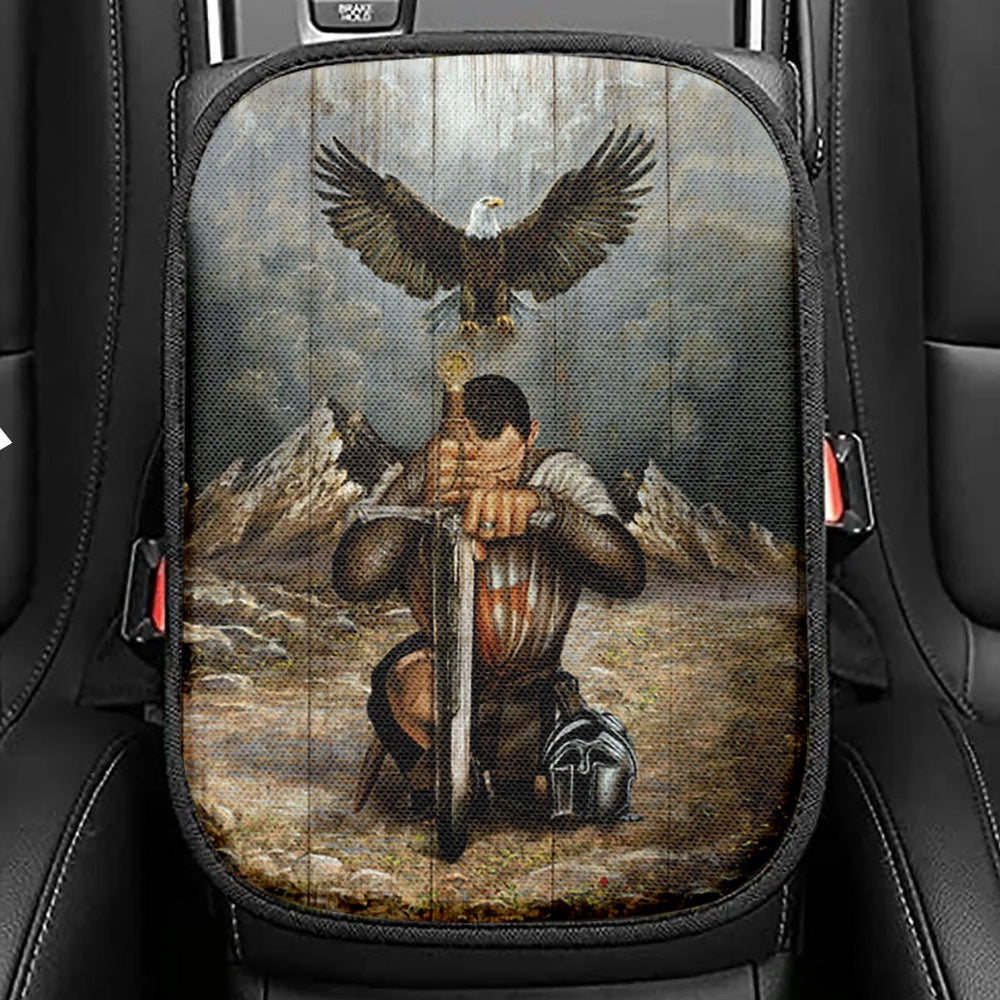 Bald Eagle Warrior Of Christ Seat Box Cover, Christian Car Center Console Cover, Bible Verse Car Interior Accessories