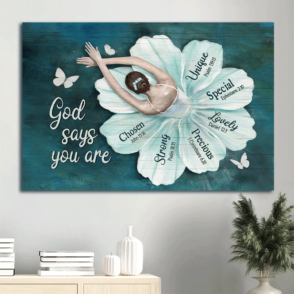 Ballerina Ballet Drawing Flower Dress Butterfly God Says You Are Canvas Wall Art - Christian Wall Decor