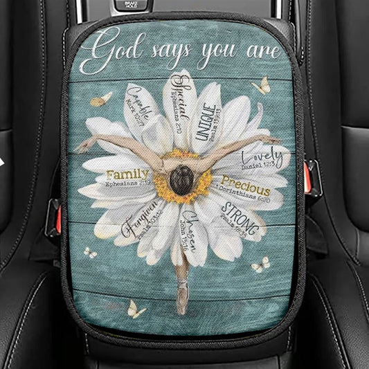 Ballet Dancer, White Daisy, God Says You Are Car Center Console Cover, Christian Armrest Seat Cover, Bible Seat Box Cover