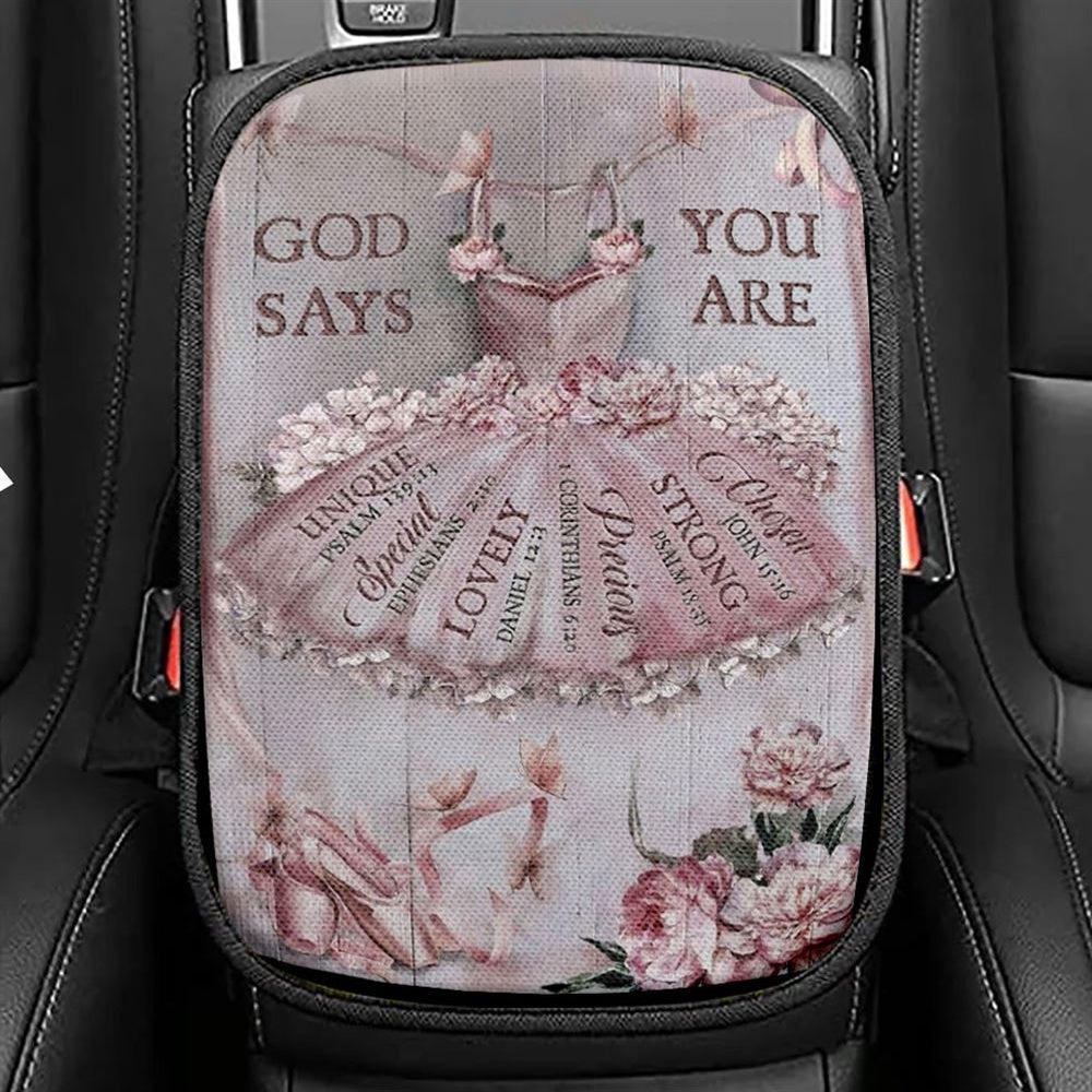 Ballet Drawing, Pretty Pink Dress, Lovely Peony, God Says You Are Car Center Console Cover, Christian Armrest Seat Cover, Bible Seat Box Cover