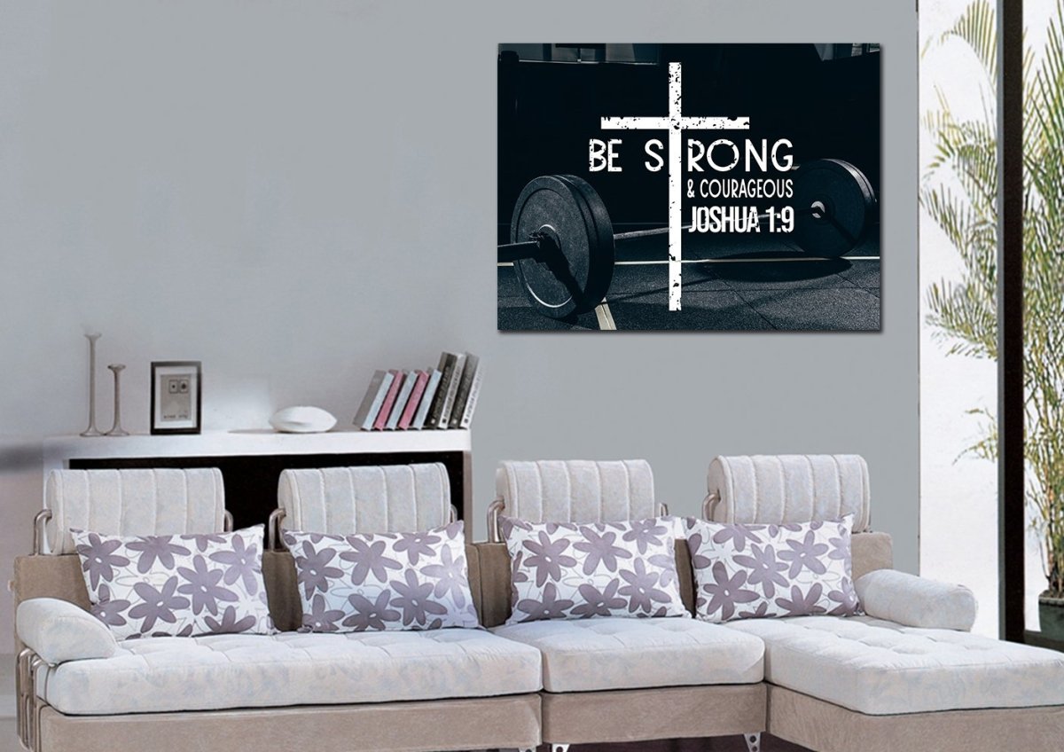 Barbell Joshua 19 Be Strong And Courageous Wall Art - Christian Canvas Wall Art