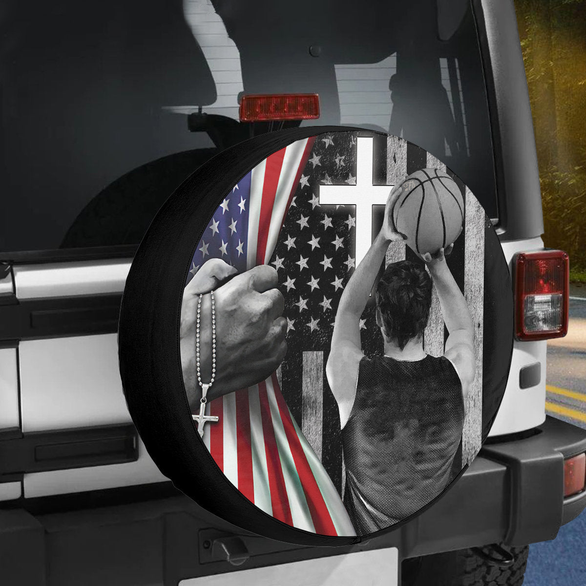 Basketball Player American Flag Jesus Christ Bible Spare Tire Cover - Christian Tire Cover