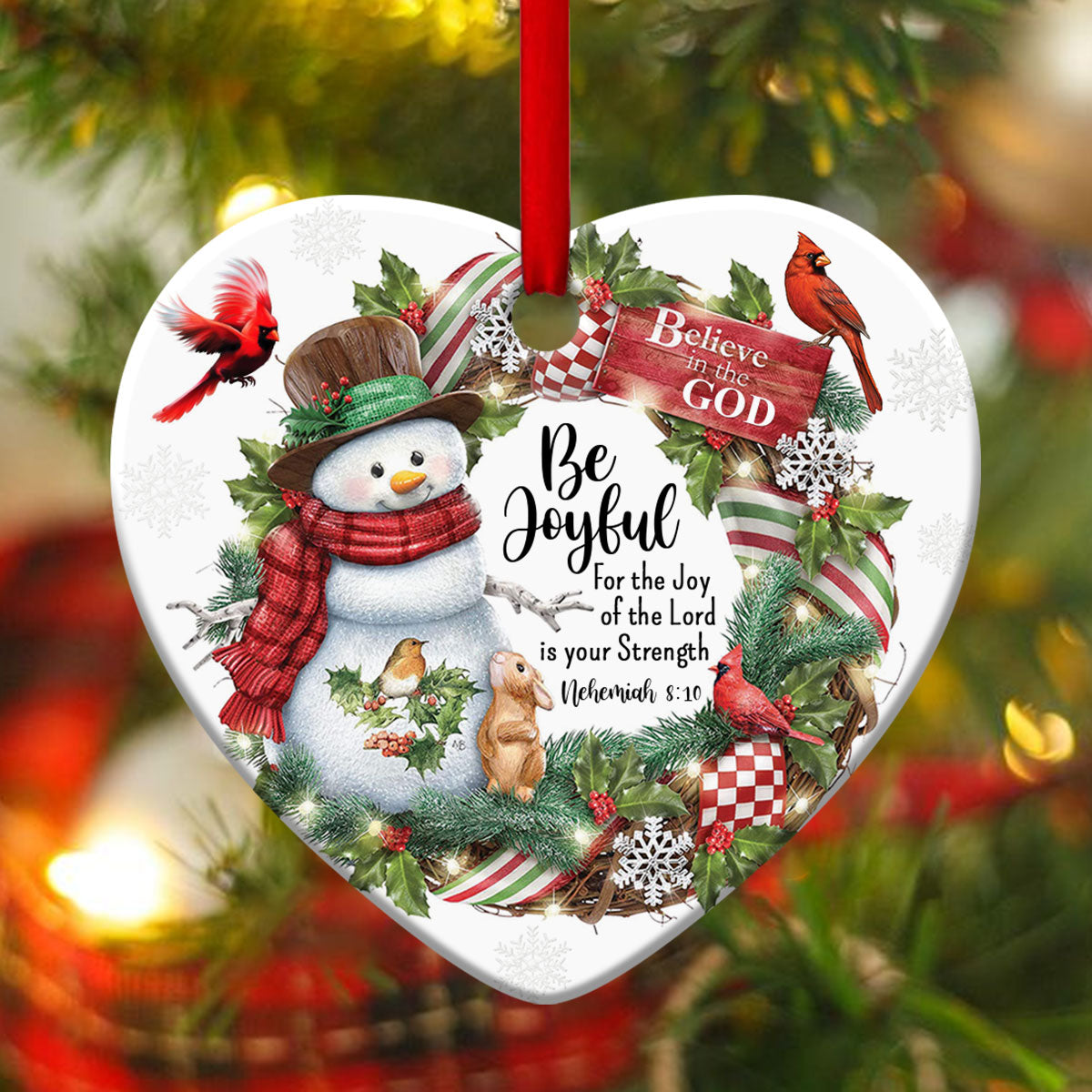 Be Joyful - Snowman Ceramic Heart Ornament - Christmas Decor - Funny Ornament