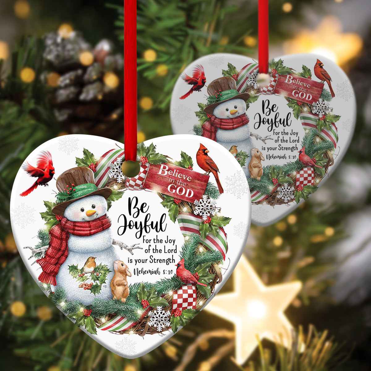 Be Joyful - Snowman Ceramic Heart Ornament - Christmas Decor - Funny Ornament