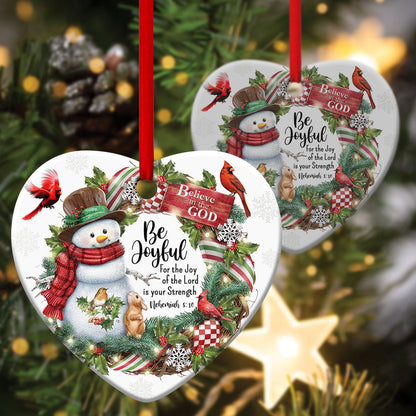 Be Joyful - Snowman Ceramic Heart Ornament - Christmas Decor - Funny Ornament