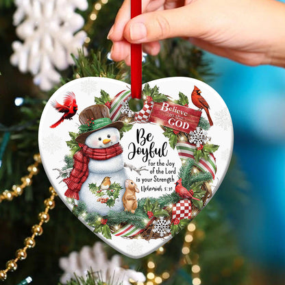 Be Joyful - Snowman Ceramic Heart Ornament - Christmas Decor - Funny Ornament