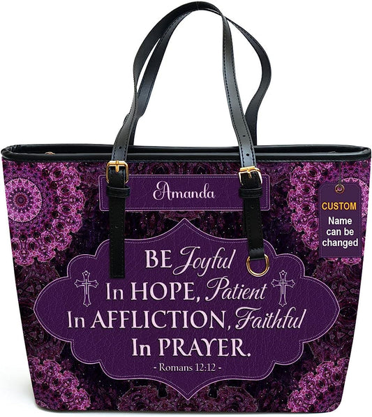 Be Joyful in Hope Personalized Large Leather Tote Bag - Christian Inspirational Gifts For Women