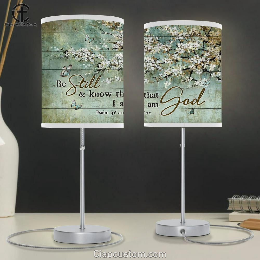 Be Still And Know That I Am God Blue Butterfly White Flowers Large Table Lamp - Christian Lamp Art - Bible Verse Table Lamp Art