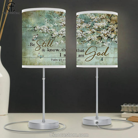 Be Still And Know That I Am God Blue Butterfly White Flowers Large Table Lamp - Christian Lamp Art - Bible Verse Table Lamp Art