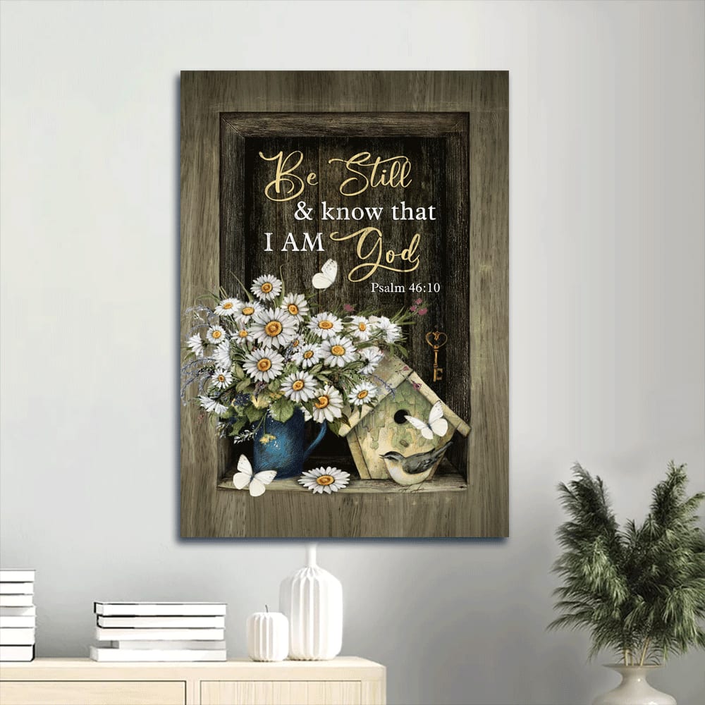 Be Still And Know That I Am God Canvas Wall Art - Baby Daisy Vintage Birdhouse Golden Key White Butterfly Canvas