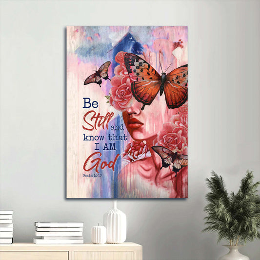 Be Still And Know That I Am God Canvas Wall Art - Beautiful Girl Orange Butterfly Pink Canvas