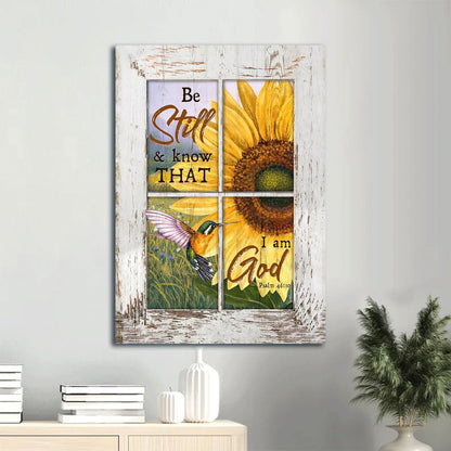 Be Still And Know That I Am God Canvas Wall Art - Hummingbird & Sunflower Portrait Canvas - Gift For Christian
