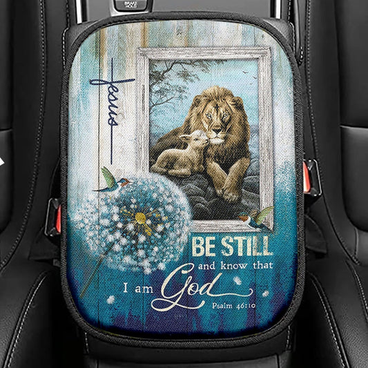 Be Still And Know That I Am God Cross Turtle Seat Box Cover, Christian Car Center Console Cover, Bible Verse Car Interior Accessories