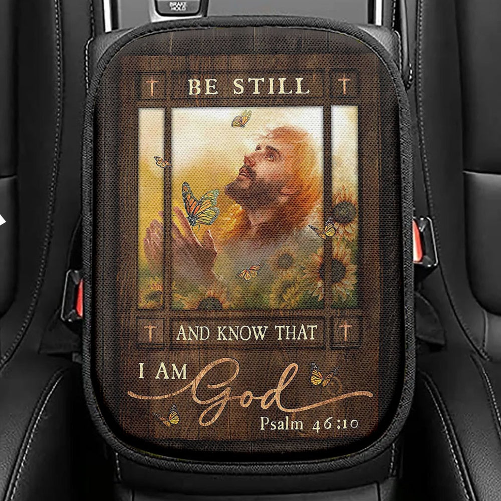 Be Still And Know That I Am God Flower Hummingbird Seat Box Cover, Christian Car Center Console Cover, Religious Car Interior Accessories