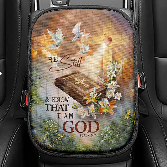 Be Still And Know That I Am God Lion Of Judah Cross Light Seat Box Cover, Bible Verse Car Center Console Cover, Christian Car Interior Accessories