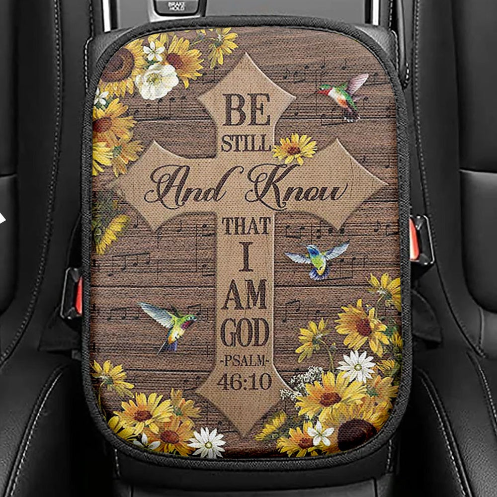 Be Still And Know That I Am God Lotus Dragonfly Seat Box Cover, Bible Verse Car Center Console Cover, Christian Inspirational Car Interior Accessories