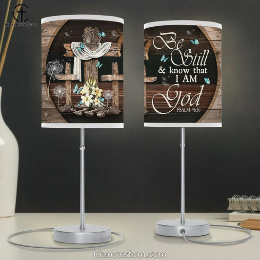 Be Still And Know That I Am God Old Cross Blue Butterfly Lily Large Table Lamp - Christian Lamp Art - Bible Verse Table Lamp Art