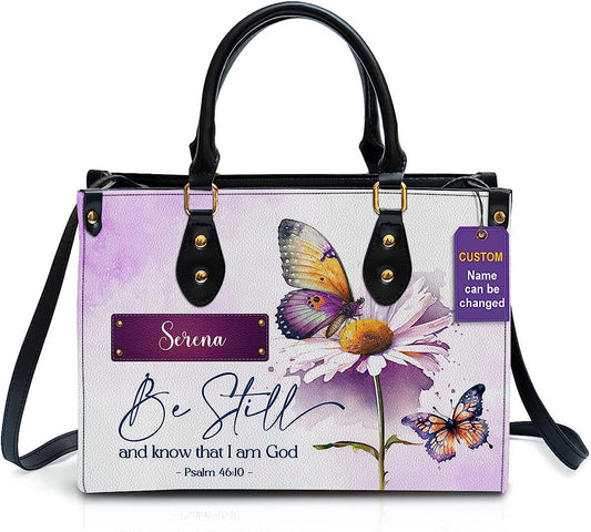 Be Still And Know That I Am God Personalized Leather Bag With Handle for Christian Women