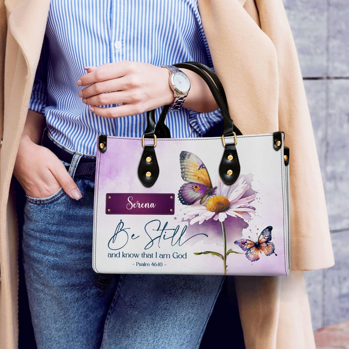 Be Still And Know That I Am God Personalized Leather Bag With Handle for Christian Women