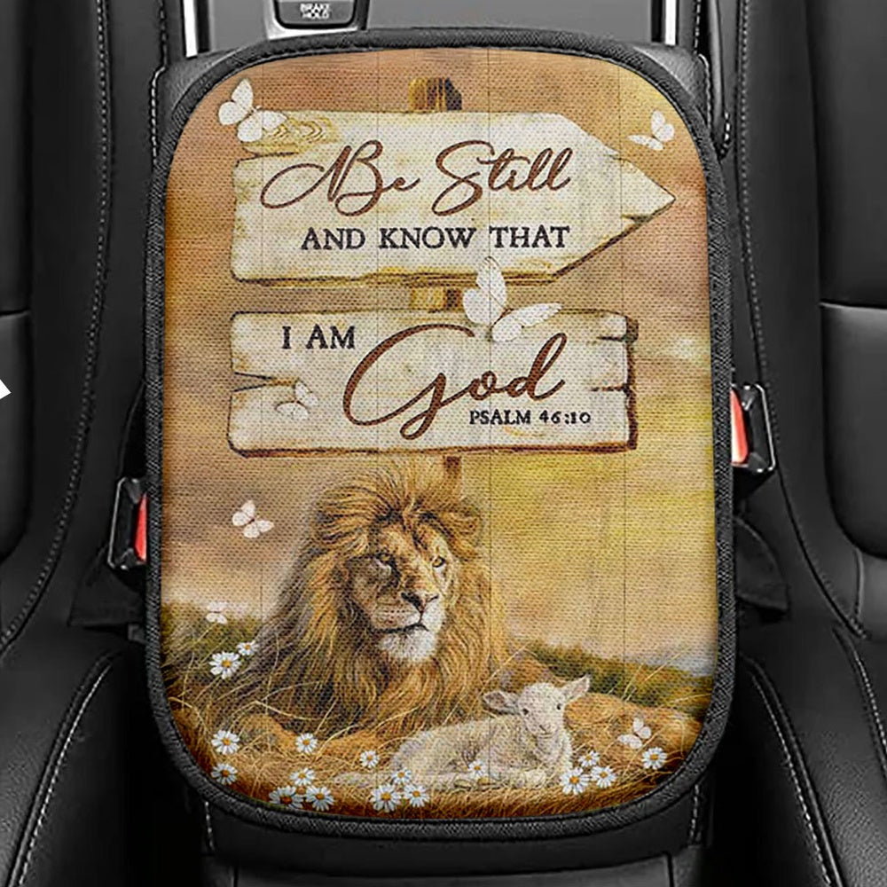Be Still And Know That I Am God Seat Box Cover, Jesus And Lion Of Judah Painting Car Center Console Cover, Christian Car Interior Accessories