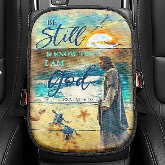 Be Still And Know That I Am God Seat Box Cover, Jesus Prays In Sunflower Field Car Center Console Cover, Bible Verse Car Interior Accessories