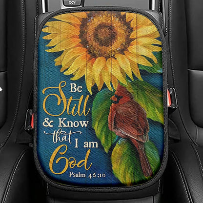 Be Still And Know That I Am God Sunflower Cardinal Seat Box Cover, Bible Verse Car Center Console Cover, Christian Inspirational Car Car Armrest Cover