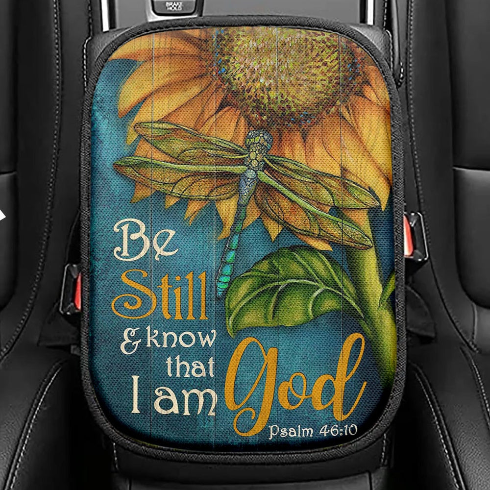 Be Still And Know That I Am God Sunflower Dragonfly Seat Box Cover, Christian Car Center Console Cover, Bible Verse Car Interior Accessories