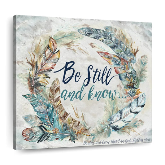 Be Still And Know Tribal Feathers Wreath Square Canvas Wall Art - Bible Verse Wall Art Canvas - Religious Wall Hanging