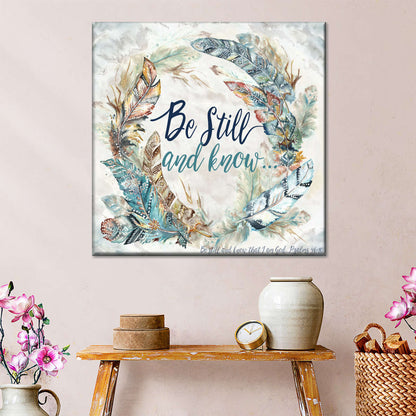 Be Still And Know Tribal Feathers Wreath Square Canvas Wall Art - Bible Verse Wall Art Canvas - Religious Wall Hanging