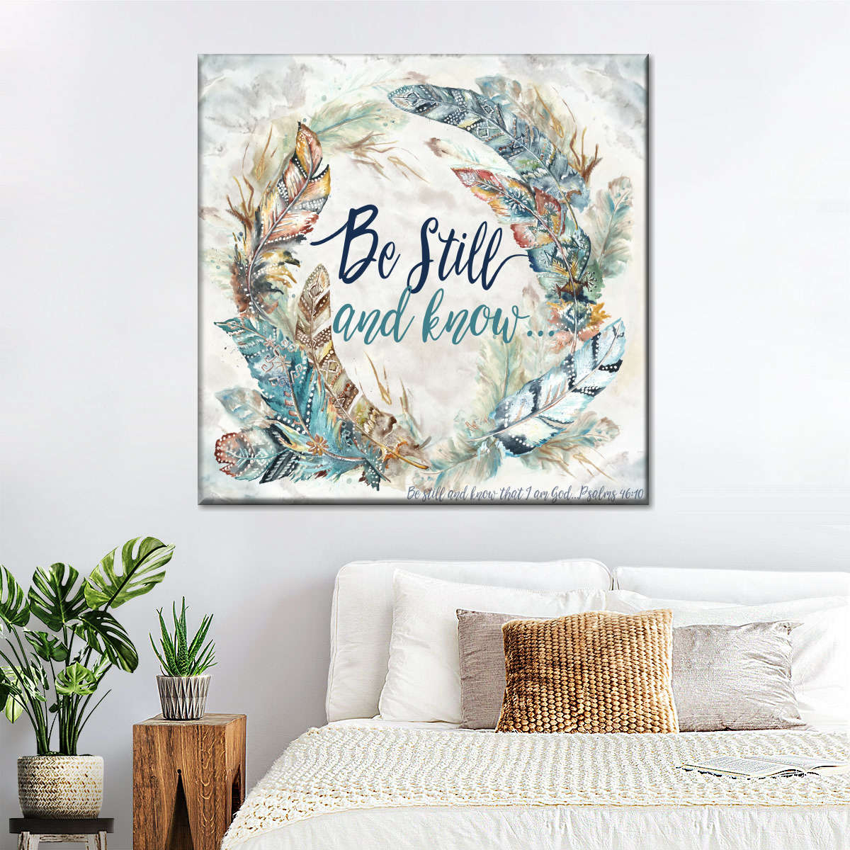 Be Still And Know Tribal Feathers Wreath Square Canvas Wall Art - Bible Verse Wall Art Canvas - Religious Wall Hanging