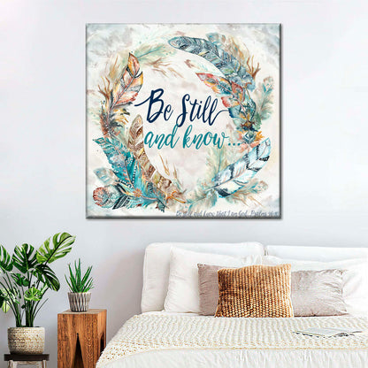 Be Still And Know Tribal Feathers Wreath Square Canvas Wall Art - Bible Verse Wall Art Canvas - Religious Wall Hanging