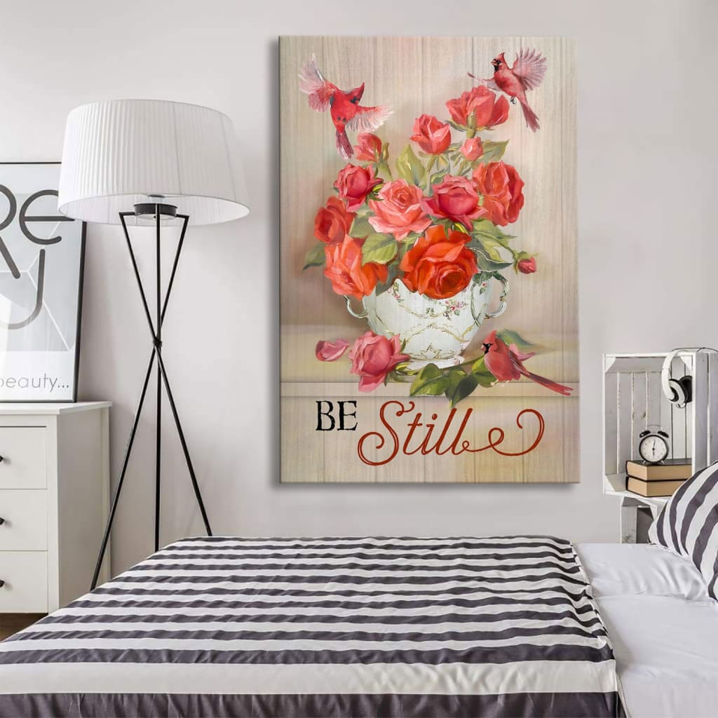 Be Still Cardinals Flowers Christian Canvas Art - Bible Verse Canvas - Scripture Wall Art