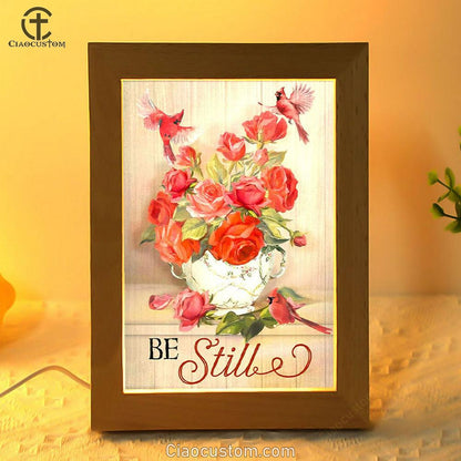 Be Still Cardinals Flowers Christian Frame Lamp Prints - Bible Verse Wooden Lamp - Scripture Night Light