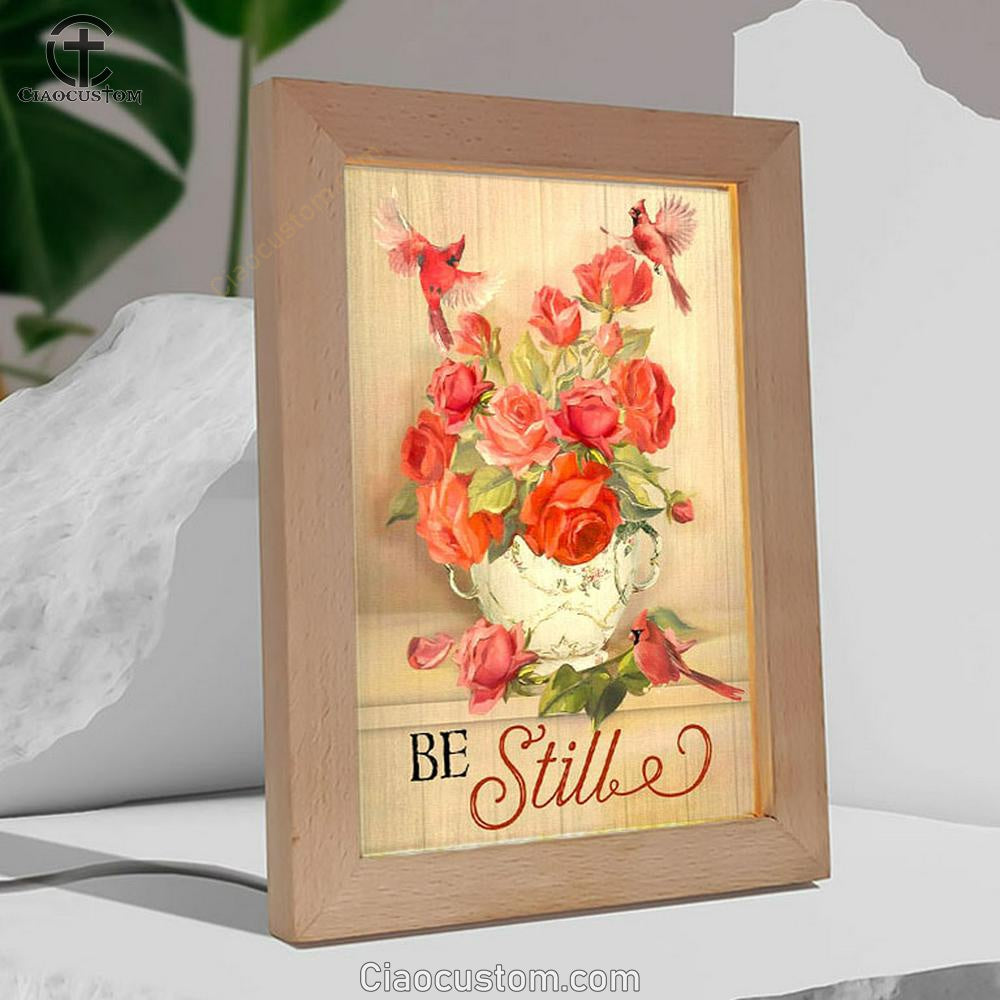 Be Still Cardinals Flowers Christian Frame Lamp Prints - Bible Verse Wooden Lamp - Scripture Night Light