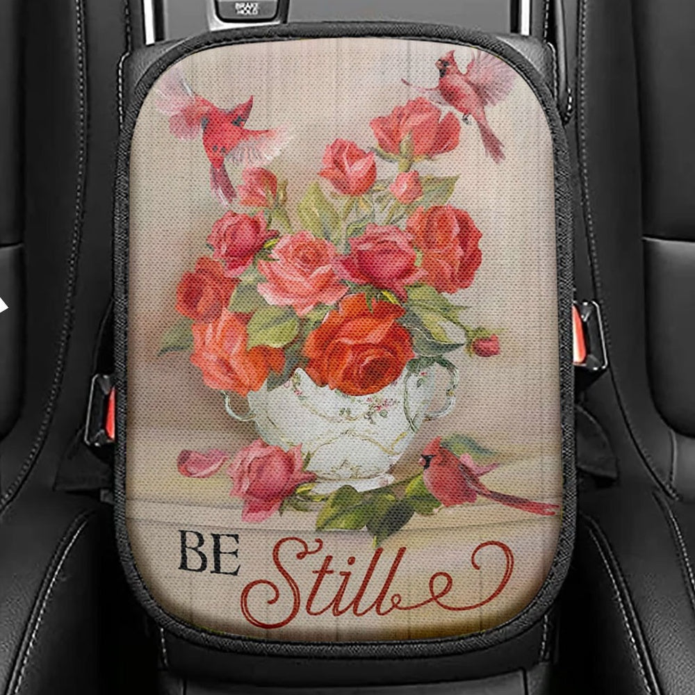 Be Still Cardinals Flowers Christian Seat Box Cover, Bible Verse Car Center Console Cover, Scripture Interior Car Accessories