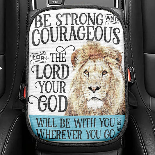 Be Strong And Courageous Lion White Lamb Seat Box Cover, Bible Verse Car Center Console Cover, Christian Inspirational Car Interior Accessories