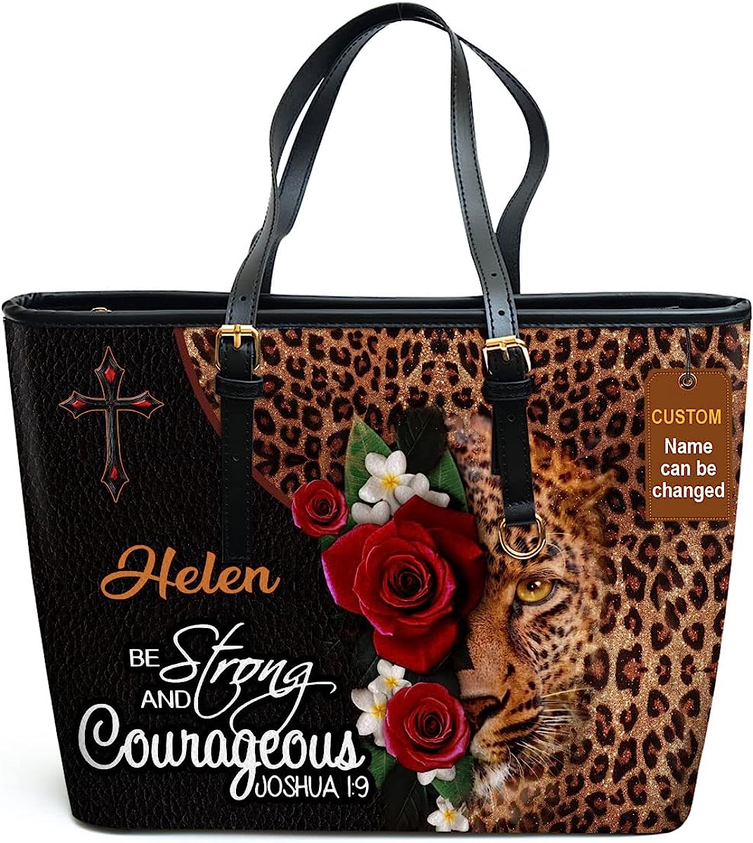 Be Strong & Courage Personalized Large Leather Tote Bag - Christian Inspirational Gifts For Women