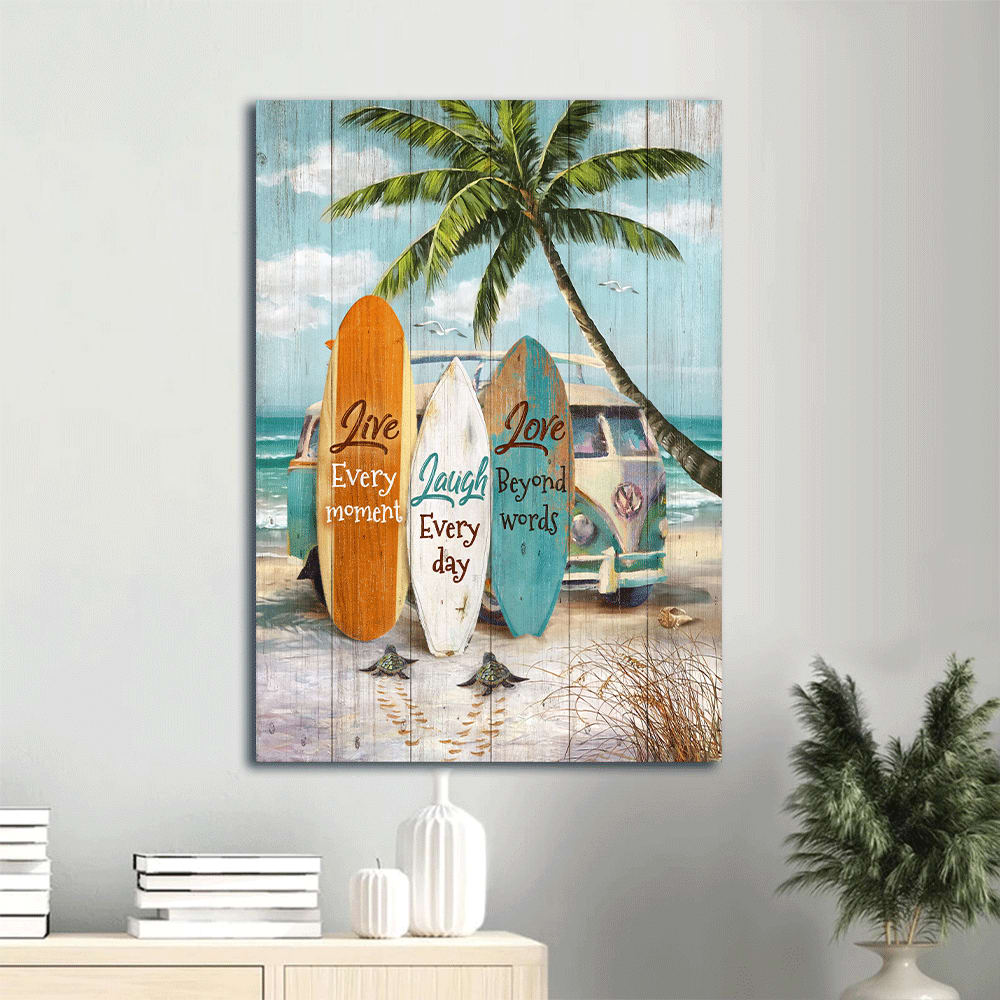 Beach Canvas Wall Art - Live Every Moment Laugh Everyday Love Beyond Words - Colorful Surfboard Canvas