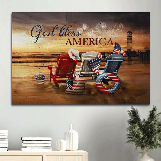 Beach Chairs American Flag Firework Sunset Beach Painting Canvas God Bless America Canvas Wall Art - Christian Wall Decor