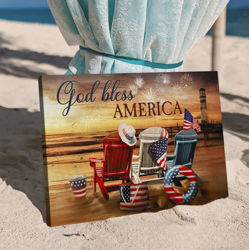 Beach Chairs American Flag Sunset Beach God Bless America Canvas Wall Art - Christian Poster - Religious Wall Decor