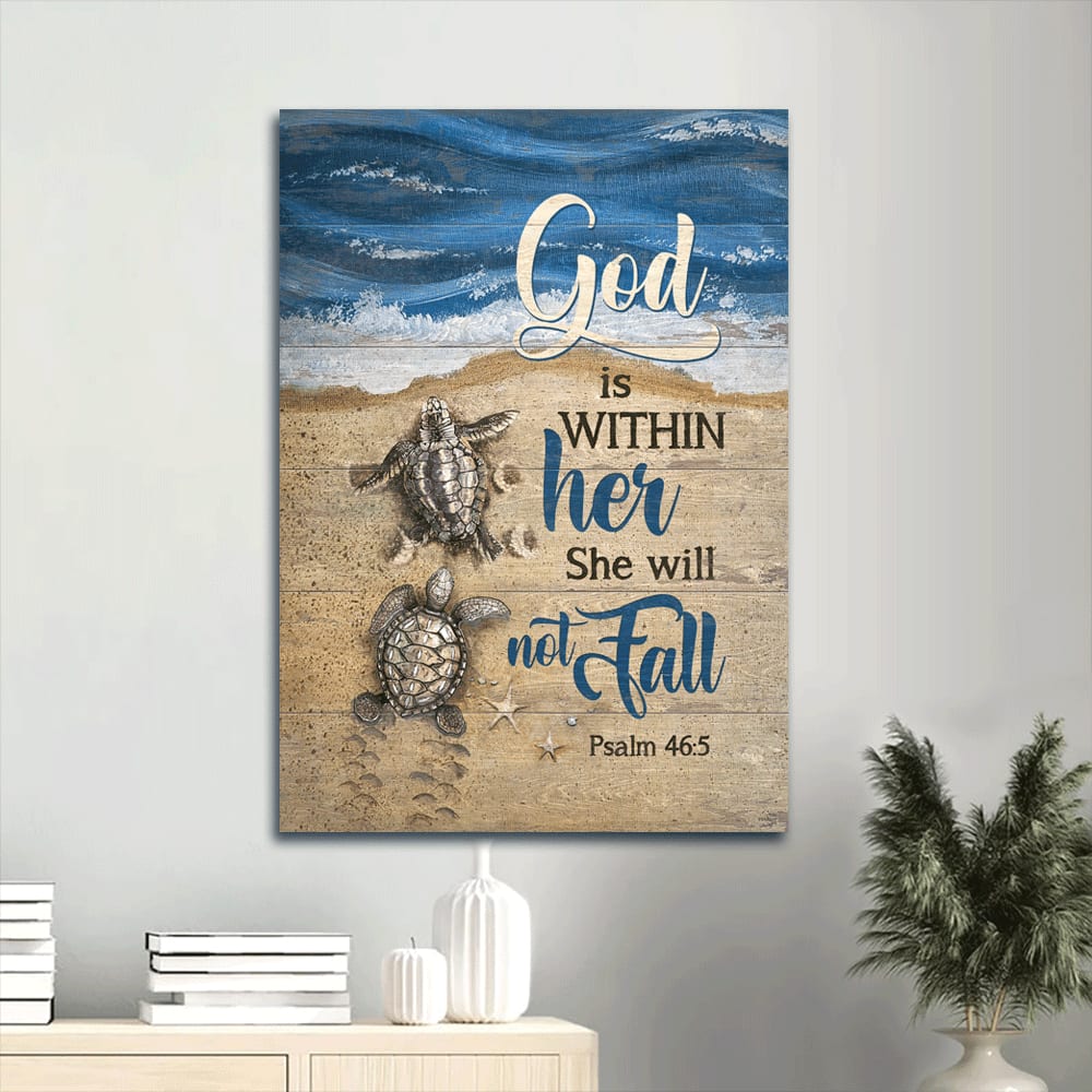 Beach Painting - Sea Turtle Canvas Wall Art - God Is Within Her She Will Not Fall Psalm 46 5 - Gift For Turtle Lovers