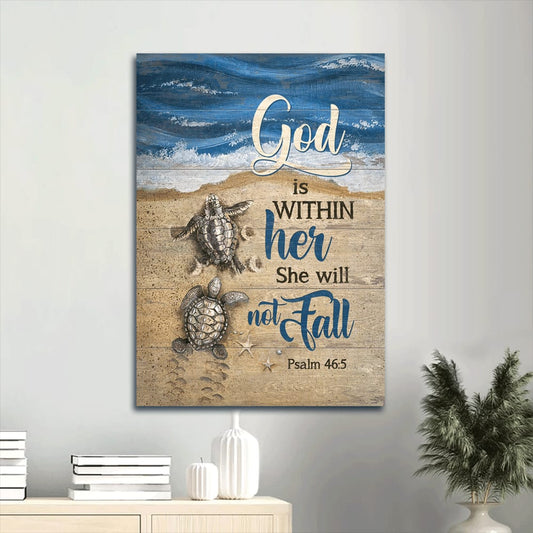 Beach Painting - Sea Turtle Canvas Wall Art - God Is Within Her She Will Not Fall Psalm 46 5 - Gift For Turtle Lovers