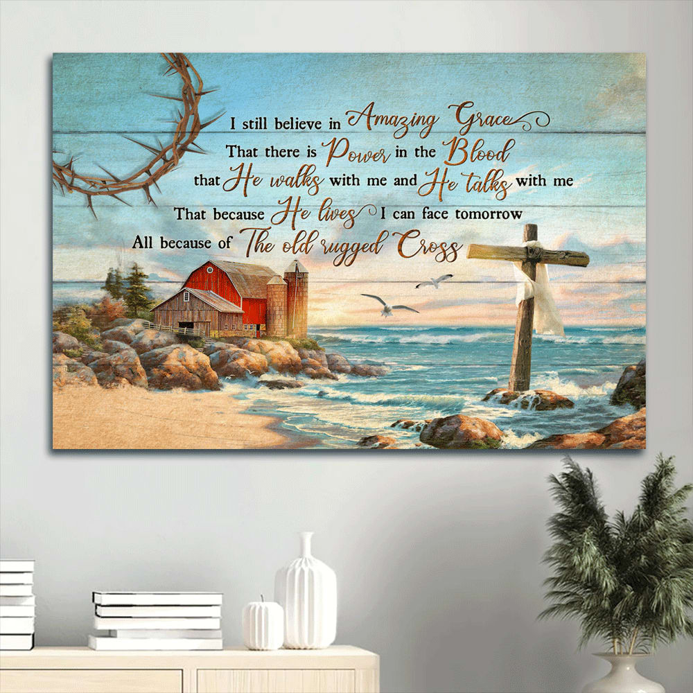 Beach Painting Blue Ocean Rustic Farmhouse I Still Believe In Amazing Grace Canvas Wall Art - Christian Wall Decor