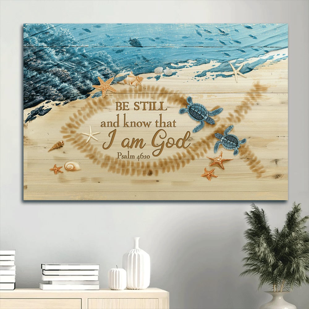 Beach Painting Couple Sea Turtle Starfish Conch Canvas Be Still And Know That I Am God Canvas Wall Art - Christian Wall Decor