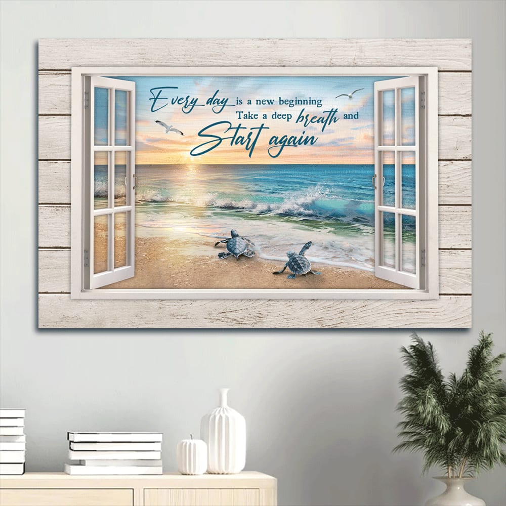 Beach Painting Sea Turtles Inspirational Quote Seagull Painting Canvas Every Day Is A New Beginning Canvas Wall Art - Christian Wall Decor