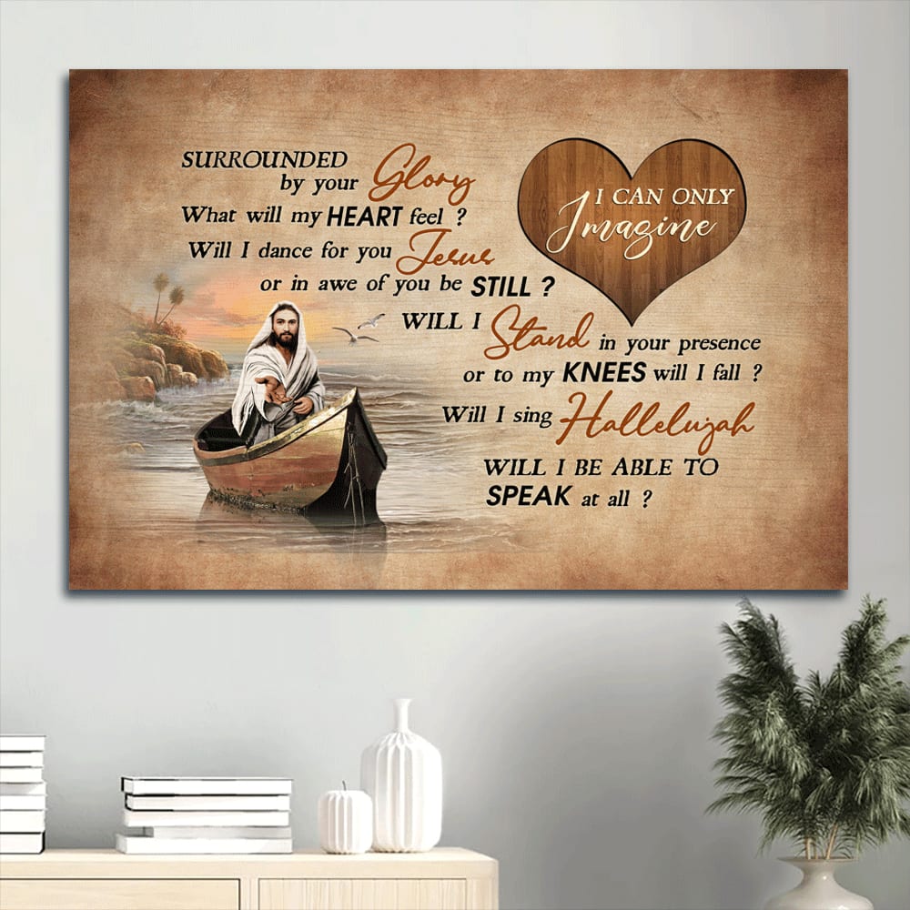 Beach Painting Walking With Jesus Heart Shape Boat Painting Canvas I Can Only Imagine Canvas Wall Art - Christian Wall Decor