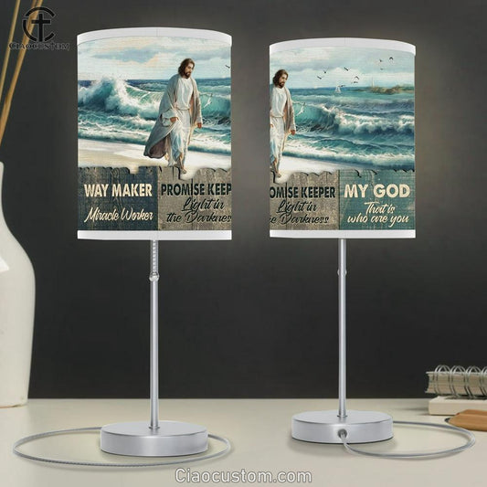 Beach Painting Walking With Jesus Way Maker Miracle Worker Table Lamp